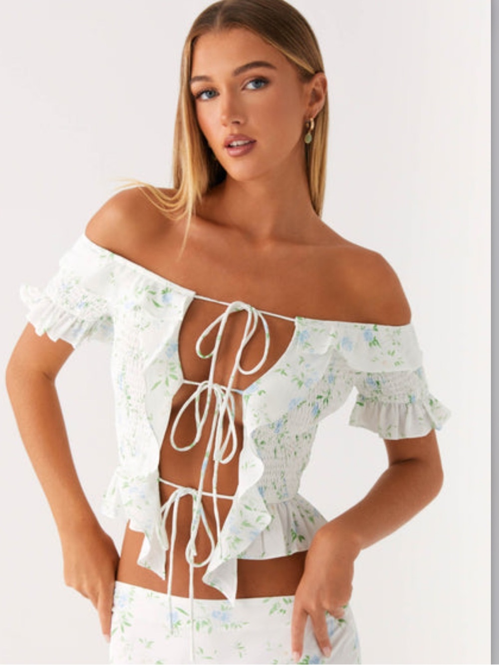 Peppermayo Floral Off Shoulder Tie Front Ruffle Top Cottagecore Coquette Size 6